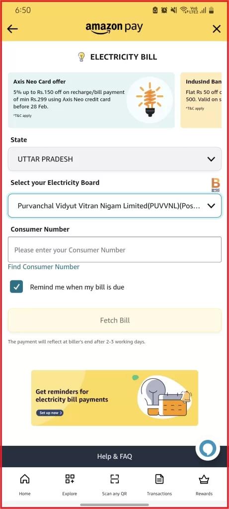 Select State Name, Electricity Board  and Consumer Number in Amazon Pay