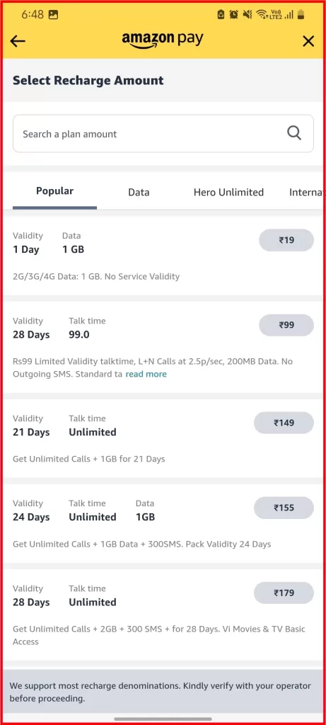 Select "View Plans" Option for mobile recharge
